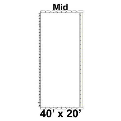 40' x 20' Classic Series Frame Tent Mid, 16 oz. Ratchet Top, Solid White, image showing a technical outline of the tent with labeled dimensions and section midpoint.