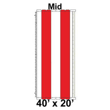 40' x 20' Classic Series Frame Tent Mid, 16 oz. Ratchet Top, White and Red, vertical view showing the tent's frame and ratchet top design.