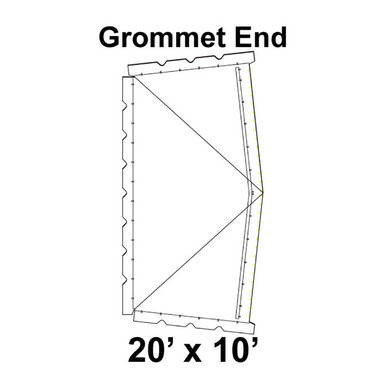 20' x 10' Classic Frame Tent Grommet End, 16 oz. Ratchet Top, Solid White, diagram showing grommet end with tent dimensions and structure details.