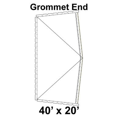 40' x 20' Classic Pole Tent Grommet End, 16 oz. Ratchet Top, Solid White, with grommets at the end of the tent for easy setup and secure attachment.