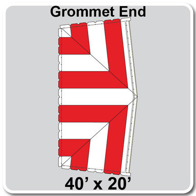 40' x 20' Classic Pole Tent Grommet End, 16 oz. Ratchet Top, White and Red, diagram showing tent grommet placement at the end of the pole tent.