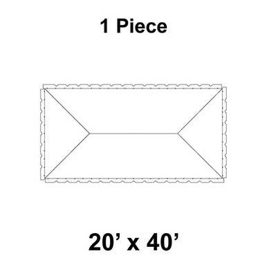 20' x 40' Classic Frame Tent, 1 Piece, 16 oz. Ratchet Top, Solid White, diagram showing the rectangular tent with scalloped edges and a ratchet top design.