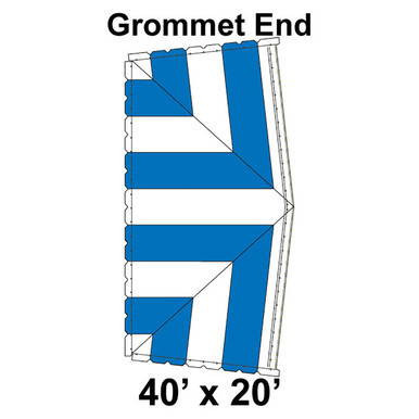 40' x 20' Classic Pole Tent Grommet End, 16 oz. Ratchet Top in White and Blue, showing the grommet end detail on a large outdoor event tent.