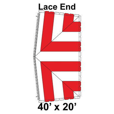 40' x 20' Classic Pole Tent Lace End, 16 oz. Ratchet Top, White and Red, with detailed layout of tent's lace end section showing red fabric panels and structural lines.