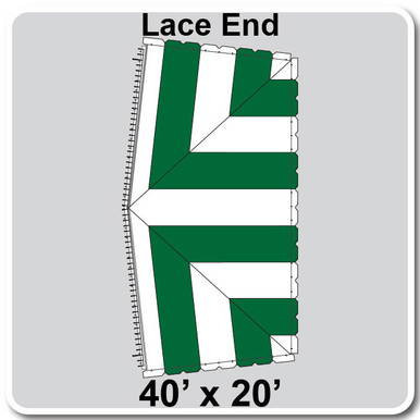 40' x 20' Classic Pole Tent Lace End, 16 oz. Ratchet Top in White and Forest Green, with detailed diagram showing lace end design and measurements.