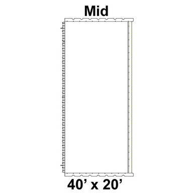 40' x 20' Classic Pole Tent Mid, 16 oz. Ratchet Top, Solid White, with detailed diagram showing its dimensions and structure.