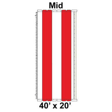 40' x 20' Classic Pole Tent Mid, 16 oz. Ratchet Top, White and Red, with vertical red stripes on a white background, showing dimensions and design for outdoor event shelter.
