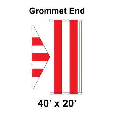 40' x 20' Gable Frame Tent Grommet End, image showing a detailed diagram of the grommet end with white and red fabric and ratchet top for secure fitting.