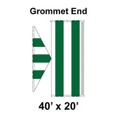 40' x 20' Gable Frame Tent Grommet End, image showing the grommet end with green and white fabric panels, used for outdoor event shelter, featuring a ratchet top and durable 16 oz. material.