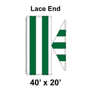 40' x 20' Gable Frame Tent Lace End, 16 oz. Ratchet Top, White and Forest Green, display of the lace end with green and white striped fabric and detailed side view of the tent's structure.