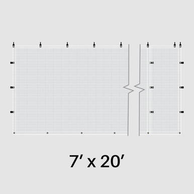 7' x 20' White Mesh Sidewall, a detailed diagram showing the layout and dimensions of the mesh sidewall for a tent or event enclosure.