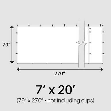 7' x 20' White Royalty Sidewall, image showing the dimensions of the sidewall with measurements of 79 inches in height and 270 inches in length, including hanging clips and support.