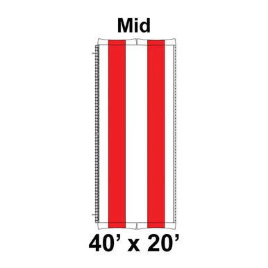 40' x 20' Master Series Frame Tent Mid, 16oz. Ratchet Top, White and Red, outdoor event tent with striped red and white fabric, sturdy frame, and ratchet system for secure setup.