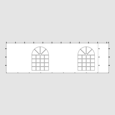 7' x 20' Cathedral Window Sidewall, architectural blueprint showing a wall with two large arched window designs and measurement markings for construction.