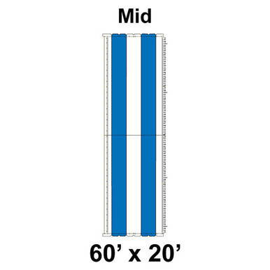 60' x 20' Classic Pole Tent Mid, 16 oz. Ratchet Top, White and Blue, with the tent measuring 60 feet by 20 feet and displaying the mid-section with blue and white ratchet top fabric.