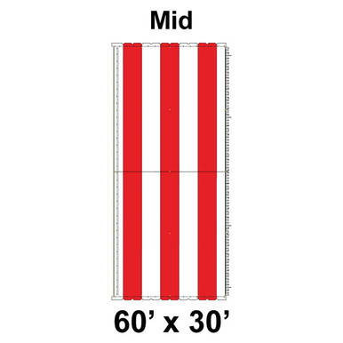 60' x 30' Classic Pole Tent Mid, 16 oz. Ratchet Top, White and Red, graphic diagram showing the tent's dimensions and design layout.