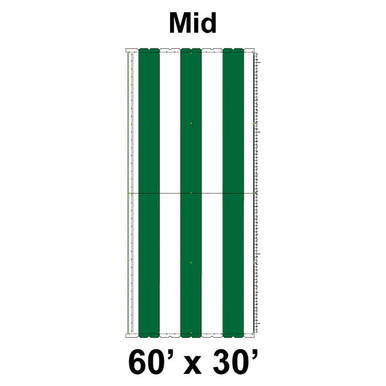 60' x 30' Classic Pole Tent Mid with 16 oz. Ratchet Top, White and Forest Green, product image showing the tent's internal layout and tiered green and white fabric panels.