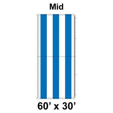 60' x 30' Classic Pole Tent Mid with 16 oz. Ratchet Top in White and Blue, showcasing a large, durable party tent with striped fabric and adjustable ratchet tension system.