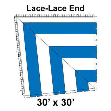 60' Classic Pole Tent End Section 1 of 4, 16 oz. Ratchet Top, White and Blue, 30'x30' Lace Lace, image showing the installed corner section with blue and white fabric panels for a large outdoor canopy tent.