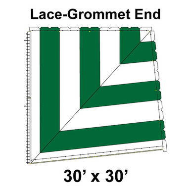 60' Classic Pole Tent End Section 2 of 4, 16 oz. Ratchet Top, White and Forest Green, 30'x30' lace grommet with green fabric and grommets for tent assembly.