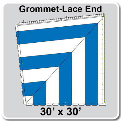 60' Classic Pole Tent End Section 4 of 4, 16 oz. Ratchet Top, White and Blue, with Grommet Lace, showcasing a diagram of a 30ft by 30ft tent end with blue and white fabric sections and grommets for secure installation.