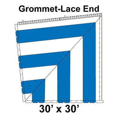 60' Classic Pole Tent End Section 4 of 4, 16 oz. Ratchet Top, White and Blue, 30'x30' Grommet Lace attached to a tent corner with blue fabric and grommeted edges for secure fastening.