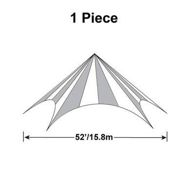52' Diameter TP/Hexagon Tent, 1 Piece, 16oz. Ratchet Top, Solid White, with illustration of the tent's structure and dimensions.