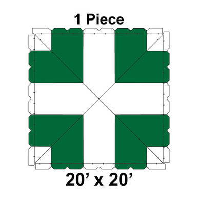 20' x 20' Classic Frame Tent, 1 Piece, 16 oz. Ratchet Top, White and Forest Green, with a diagram showing the tent's structure and color scheme.