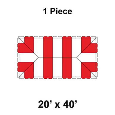 20' x 40' Classic Frame Tent, 1 Piece, 16 oz. Ratchet Top, White and Red, showing a rectangular tent with alternating red and white sections, suitable for events and outdoor gatherings.