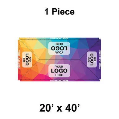 20' x 40' Classic Frame Tent, 1 Piece, 16 oz. Ratchet Top, Full Digital Print, colorful tent with customizable logos, designed for outdoor events and promotions.