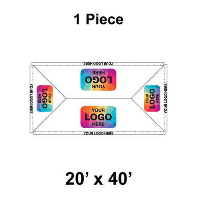 20' x 40' Classic Frame Tent, 1 Piece, 16 oz. Ratchet Top, Logo/Valance Print Only, with customizable logo placeholders on the sidewalls and valance for branding and promotional events.