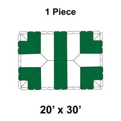 20' x 30' Classic Frame Tent, 1 Piece, 16 oz. Ratchet Top, White and Green, top view showing the tent's layout and design.