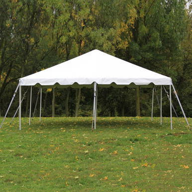 Celina Tent 20 x 20 Classic Series Frame Tent, 1 Piece Tent Top, Complete, white outdoor event tent set up on grassy field with trees in background.