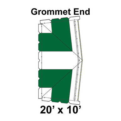 20' x 10' Classic Frame Tent Grommet End, 16 oz. Ratchet Top, White and Forest Green, illustration of a tent end with grommet detail and dimensions.