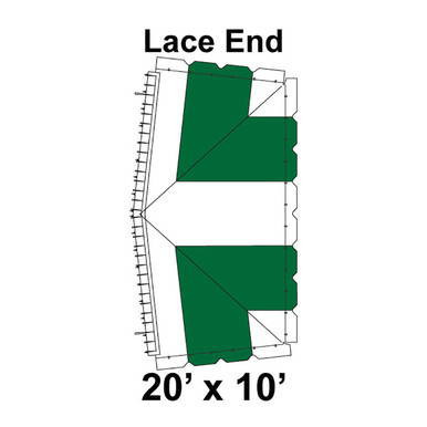 20' x 10' Classic Frame Tent Lace End, 16 oz. Ratchet Top, White and Forest Green, with a detailed diagram of the tent's lace end with green fabric sections and structural design.