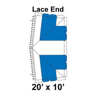 20' x 10' Classic Frame Tent Lace End, 16 oz. Ratchet Top, White and Blue, with image showing the lace end section of the tent indicating the dimensions and construction detail.