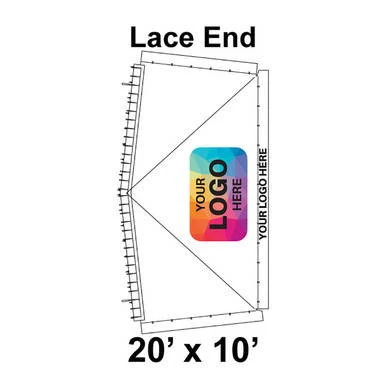 20' x 10' Classic Frame Tent with Lace End, Ratchet Top, featuring Logo/Valance Digital Print Only, side view illustration showing tent specifications and branding area.