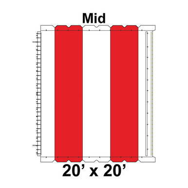 20' x 20' Classic Frame Tent Mid, 16 oz. Ratchet Top, White and Red, with a detailed view of the tent's dimensions and color scheme.