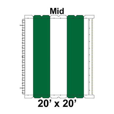 20' x 20' Classic Frame Tent Mid, 16 oz. Ratchet Top, White and Forest Green, with measurement grid and labels showing the middle section of the tent.