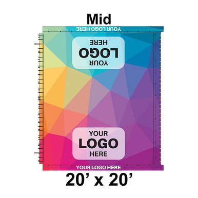 20' x 20' Classic Frame Tent Mid, Ratchet Top, Full Digital Print, with vibrant geometric design and customizable logo area.