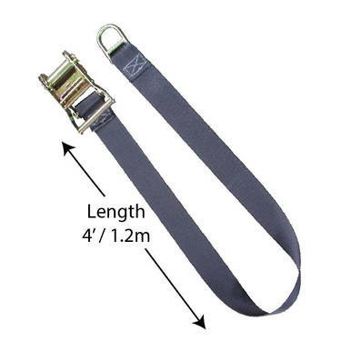 2'' x 4' Gray Ratchet Strap with Ring, close-up image showing metal ratchet mechanism and fabric strap with ring at the end.