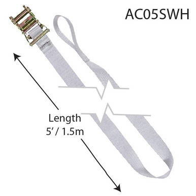 2" x 5' White Ratchet Strap, viewed from the side showing the metal ratchet mechanism and the strap length of 5 feet or 1.5 meters.