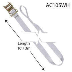 2" x 10' White Ratchet Strap, white polyester strap with metal ratchet buckle for secure fastening.