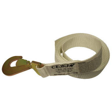 16'10'' White 10,000# Strap, coiled with a gold-colored metal hook for securing and lifting heavy loads.