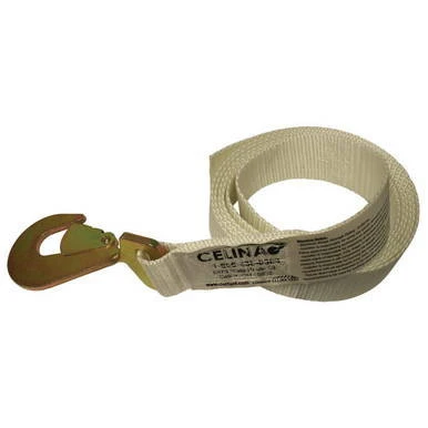 16'10'' White 10,000# Strap, coiled with a gold-colored metal hook for securing and lifting heavy loads.