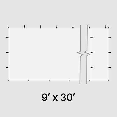 9' x 30' Clear Vinyl Sidewall, durable transparent vinyl material with measurement markings for outdoor temporary structure enclosure.