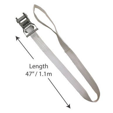 1.5''x47'' Ratchet Bottom, a long gray strap with a metal ratchet buckle for securing or tightening objects.