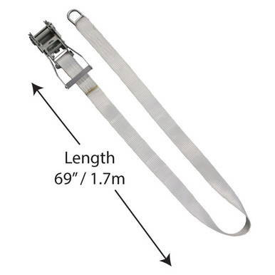 2'' x 69'' Ratchet Bottom, image showing a white ratchet strap with metal buckle and measuring 69 inches or 1.7 meters in length.