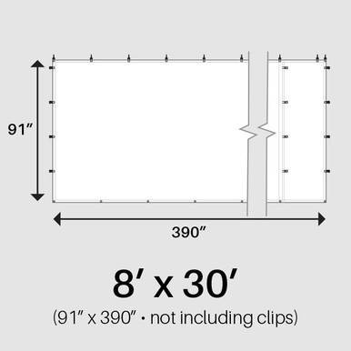 8' x 30' White Royalty Sidewall, product layout diagram showing dimensions of 91 inches height and 390 inches width, with detailed measurements and layout information.
