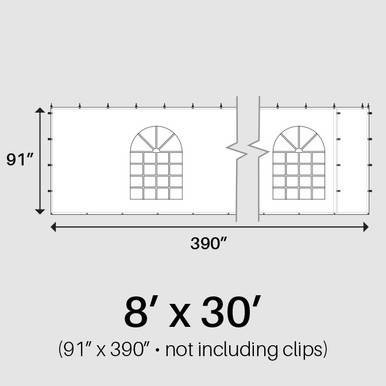 8' x 30' Cathedral Window Sidewall, architectural diagram showing dimensions and design features of the sidewall with arched windows